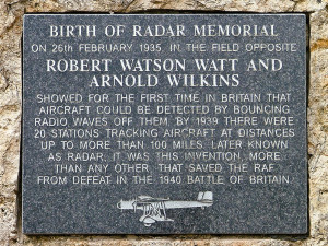 Memorial stone with regard to the Birth of Radar (from http://en.wikipedia.org/wiki/File:Watson_watt_02_fr.jpg)